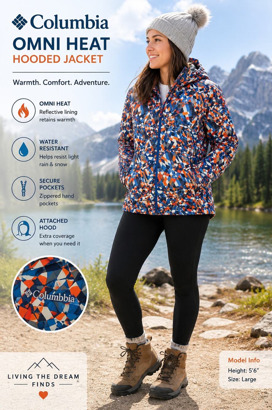 Columbia Omni Heat Women’s Large Hooded Winter Jacket Geometric Blue Orange
